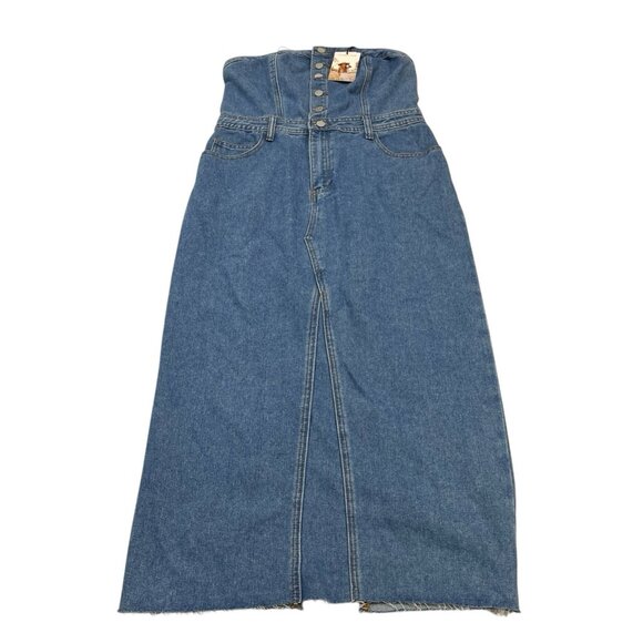 Sincerely Jules Y2K Dress Womens L Denim Strapless Cropped Wide Leg Smocked - Picture 1 of 14